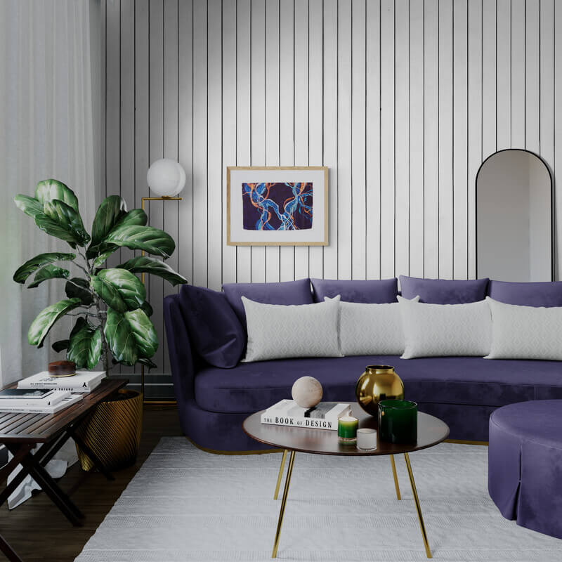 Abstract painting representing Posidonia weeds at night, framed and hanging on a wall in a bright, large room, hanging above a very wide blue sofa with white cushions on it.