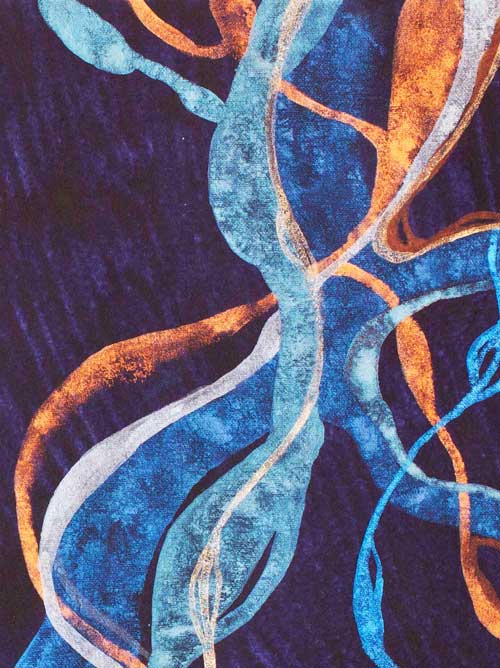 Detail of abstract painting representing prairies of Posidonia Oceanica deep in the sea at night, shimmering in the moonlight. Metallic watercolour on heavy, handmade indigo paper.