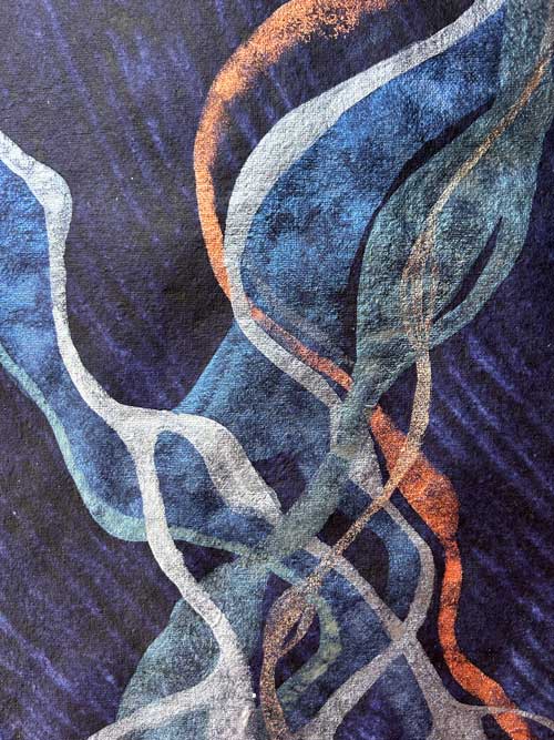 Detail of abstract painting representing prairies of Posidonia Oceanica deep in the sea at night, shimmering in the moonlight. Metallic watercolour on heavy, handmade indigo paper.