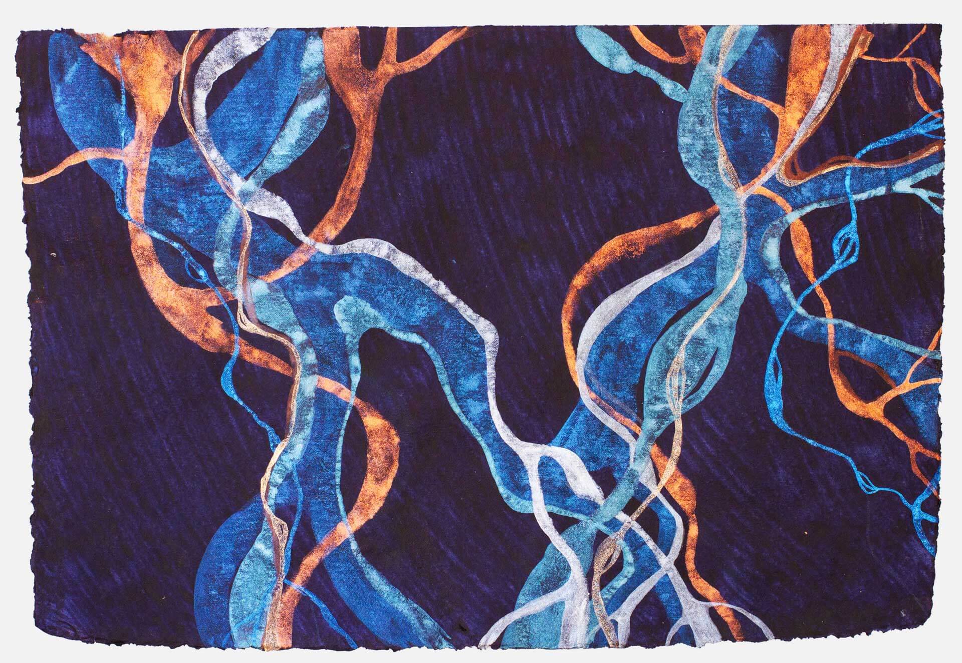 Abstract painting representing Prairies of Posidonia Oceanica deep in the sea at night, shimmering in the moonlight. Metallic watercolour on heavy, handmade indigo paper.