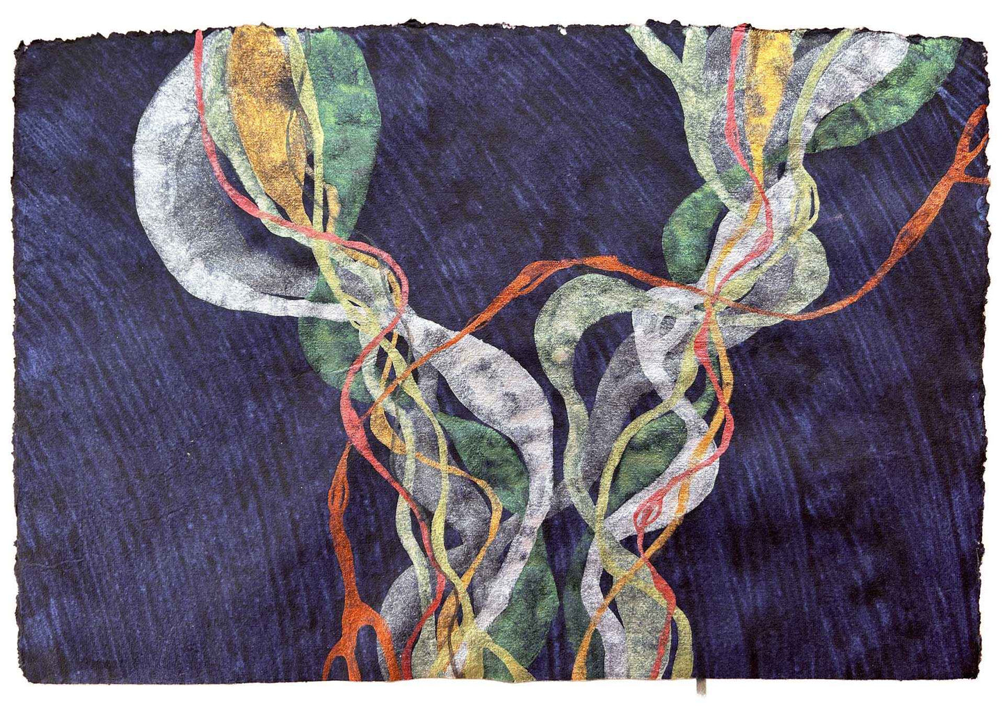 Abstract painting representing underwater forest waving wildly in the currents.   Watercolour on thick handmade indigo paper. 