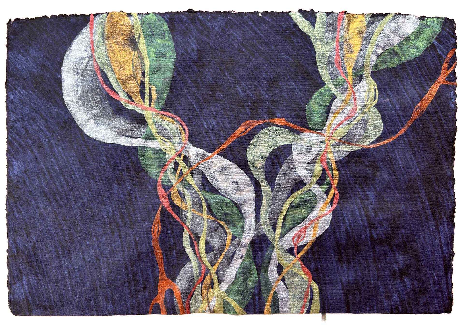 Abstract painting representing underwater forest waving wildly in the currents.   Watercolour on thick handmade indigo paper. 