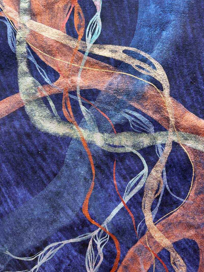 Detail of abstract painting inspired by the ginormous ficus trees in the Parterre, Valencia. Metallic watercolour on heavy, handmade indigo paper.