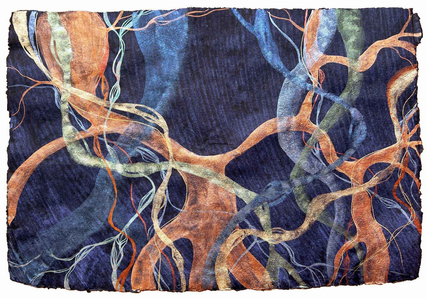 Abstract painting inspired by the ginormous ficus trees in the Parterre, Valencia. Metallic watercolour on heavy, handmade indigo paper.