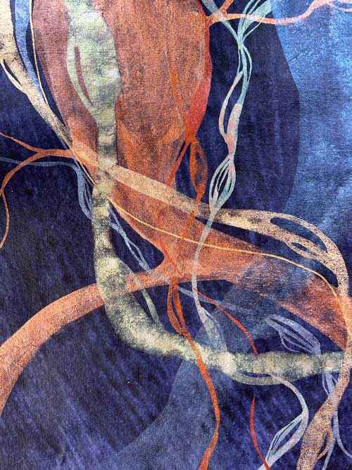 Detail of abstract painting inspired by the ginormous ficus trees in the Parterre, Valencia. Metallic watercolour on heavy, handmade indigo paper.