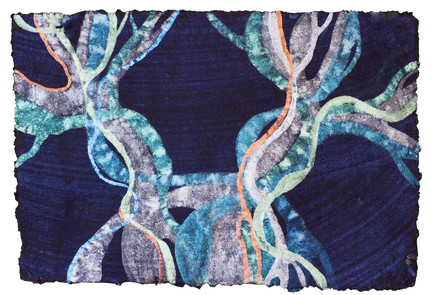 Painting representing Posidonia Oceanica with the colours of the Mediterranean sea glowing in the pale light of dawn. Metallic watercolours on handmade, dark blue paper.