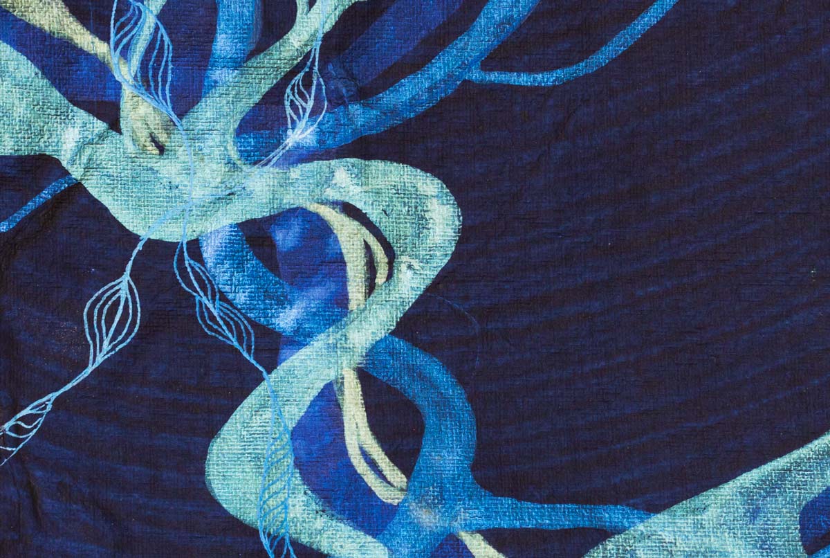 Detail of painting on dark blue handmade paper, representing the seaweed Posidonia Oceanica with the colours of the Mediterranean sea shimmering in the moonlight.