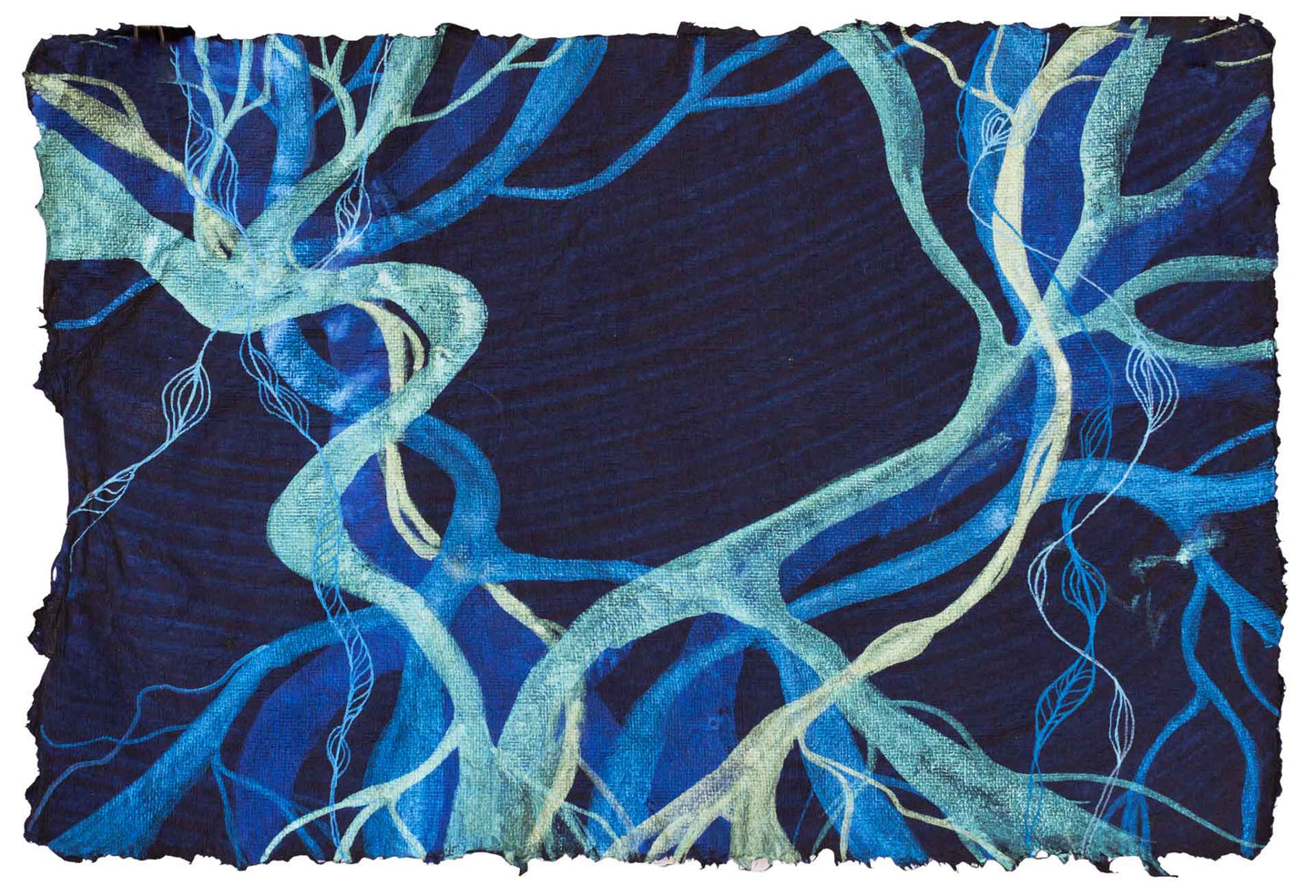 Painting on dark blue handmade paper, representing the seaweed Posidonia Oceanica with the colours of the Mediterranean sea shimmering in the moonlight.
