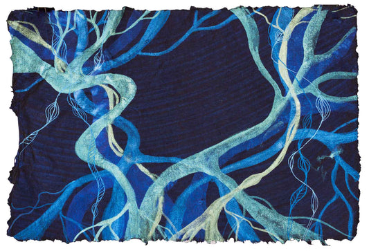 Painting on dark blue handmade paper, representing the seaweed Posidonia Oceanica with the colours of the Mediterranean sea shimmering in the moonlight.
