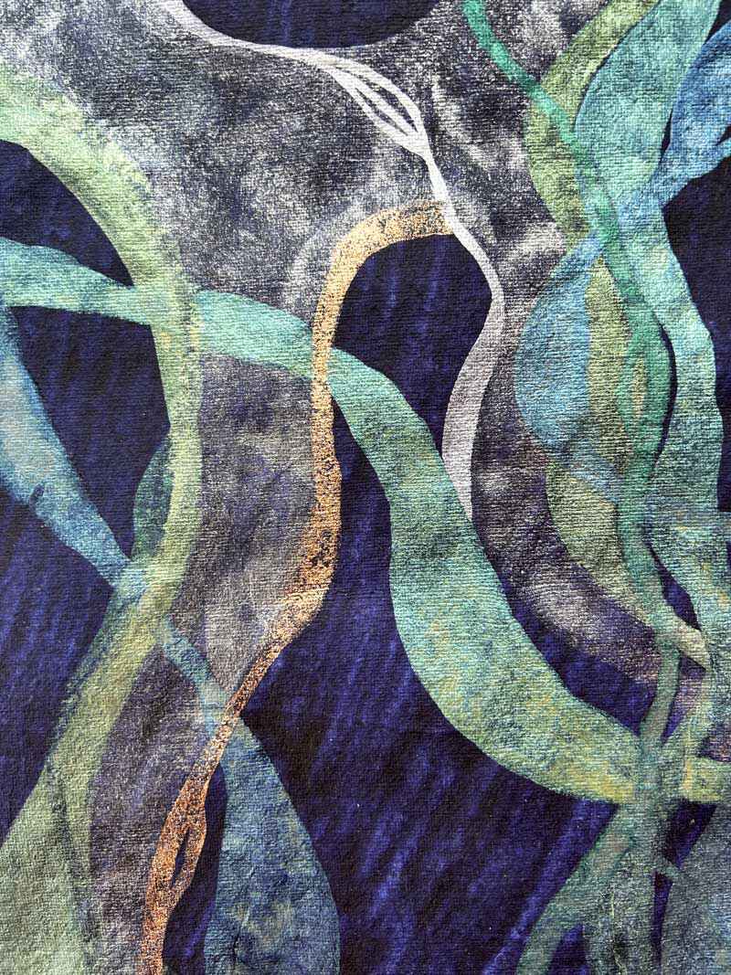 Detail of abstract painting representing Posidonia Oceanica, a Mediterranean weed, shimmering in the moonlight. Metallic watercolour on heavy, handmade indigo paper.