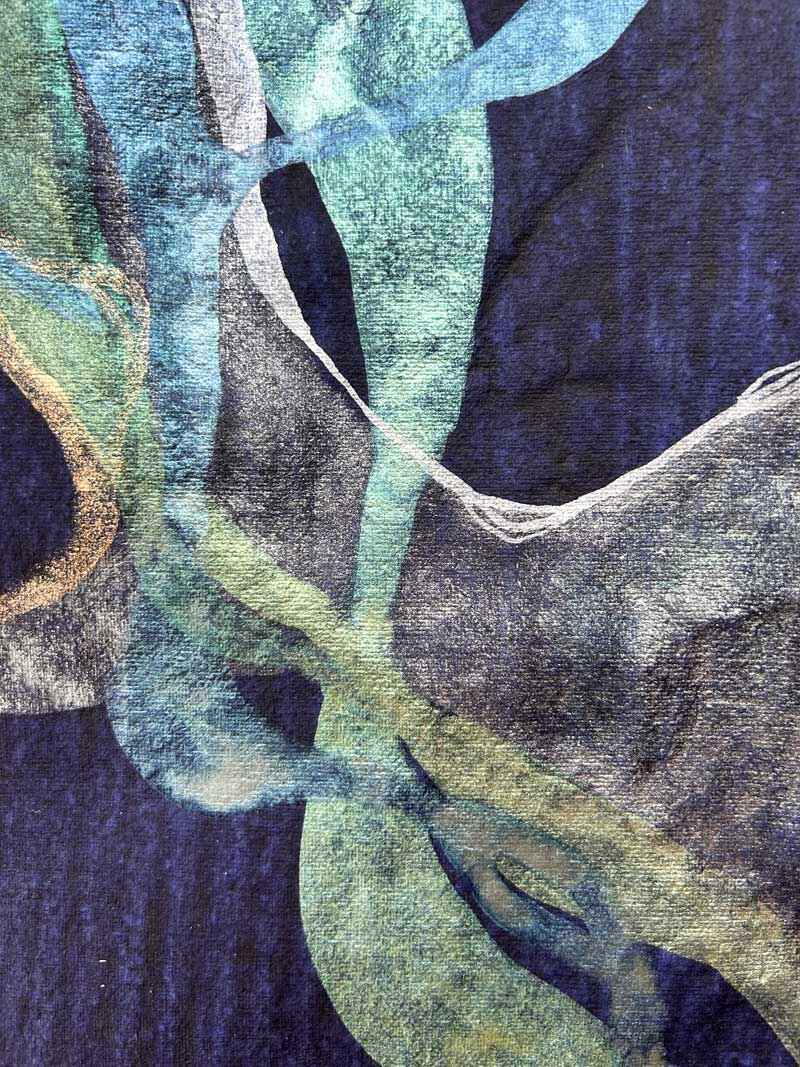 Detail of abstract painting representing Posidonia Oceanica, a Mediterranean weed, shimmering in the moonlight. Metallic watercolour on heavy, handmade indigo paper.