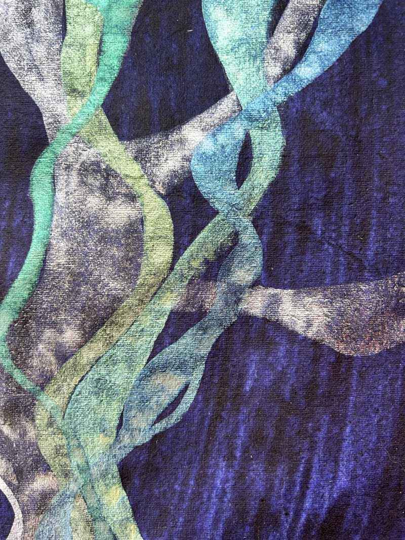 Detail of abstract painting representing Posidonia Oceanica, a Mediterranean weed, shimmering in the moonlight. Metallic watercolour on heavy, handmade indigo paper.