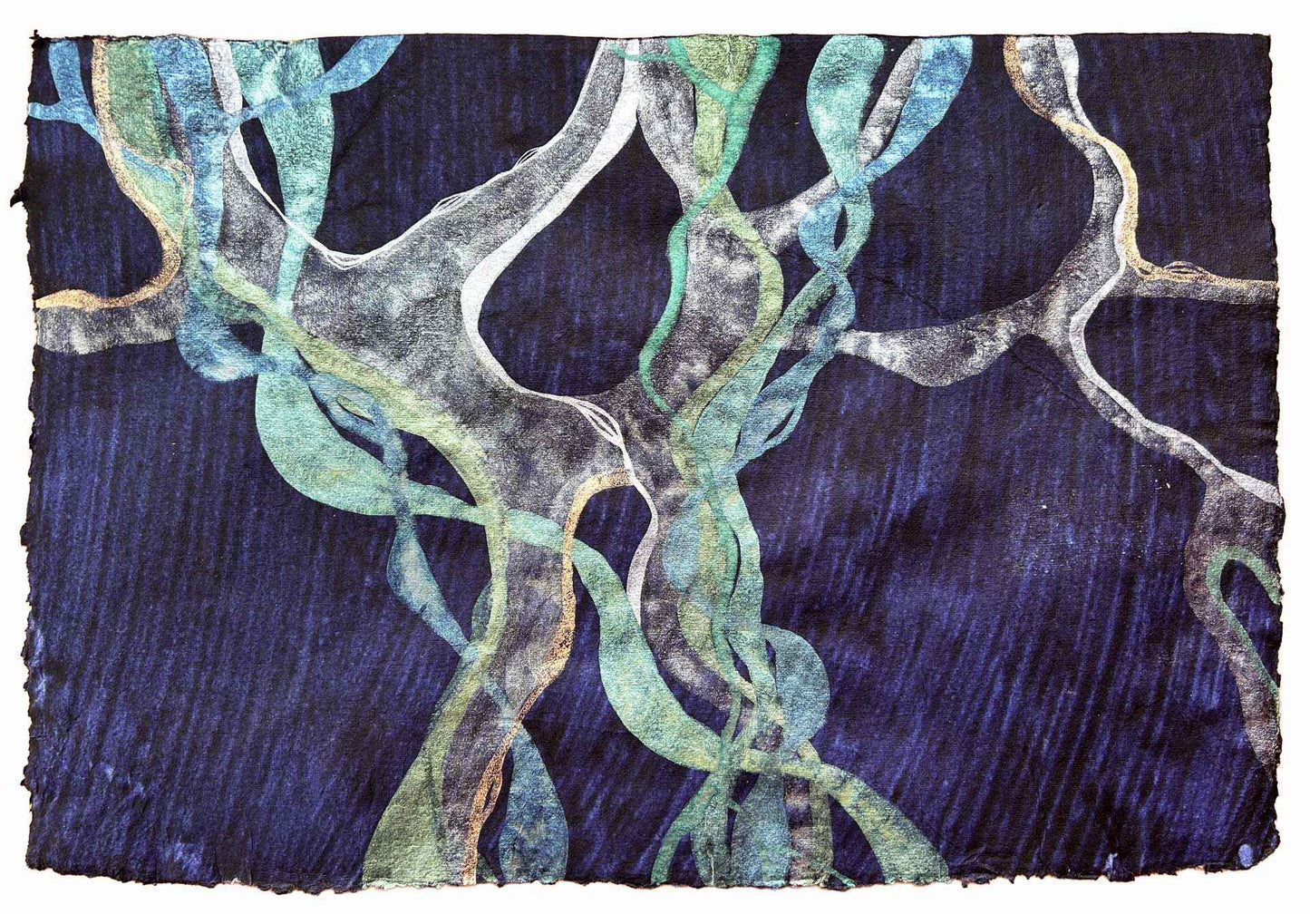 Abstract painting representing of Posidonia Oceanica with the colours of the Mediterranean sea glowing in the pale light of dawn. Metallic watercolour on heavy, handmade indigo paper.