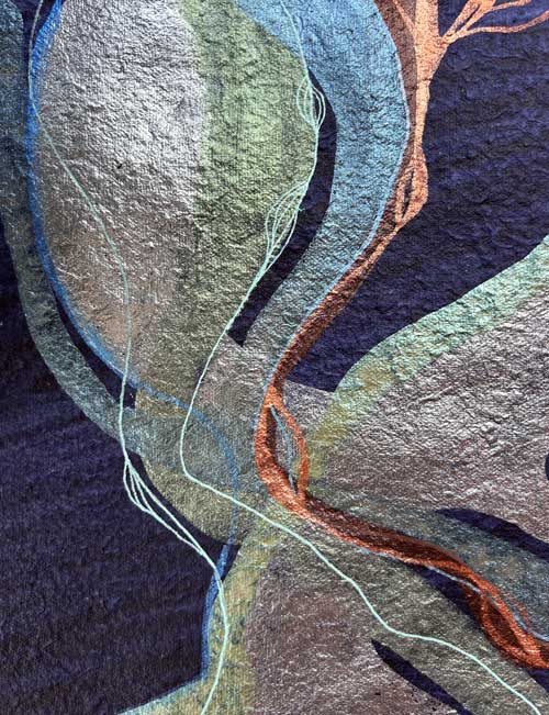 Detail of painting representing colourful underwater creatures and weeds.