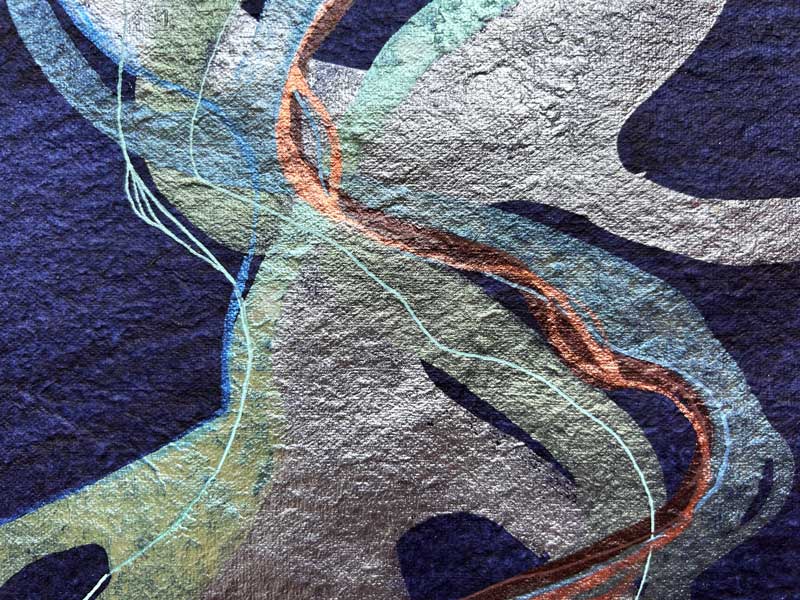 Detail of painting representing colourful underwater creatures and weeds.