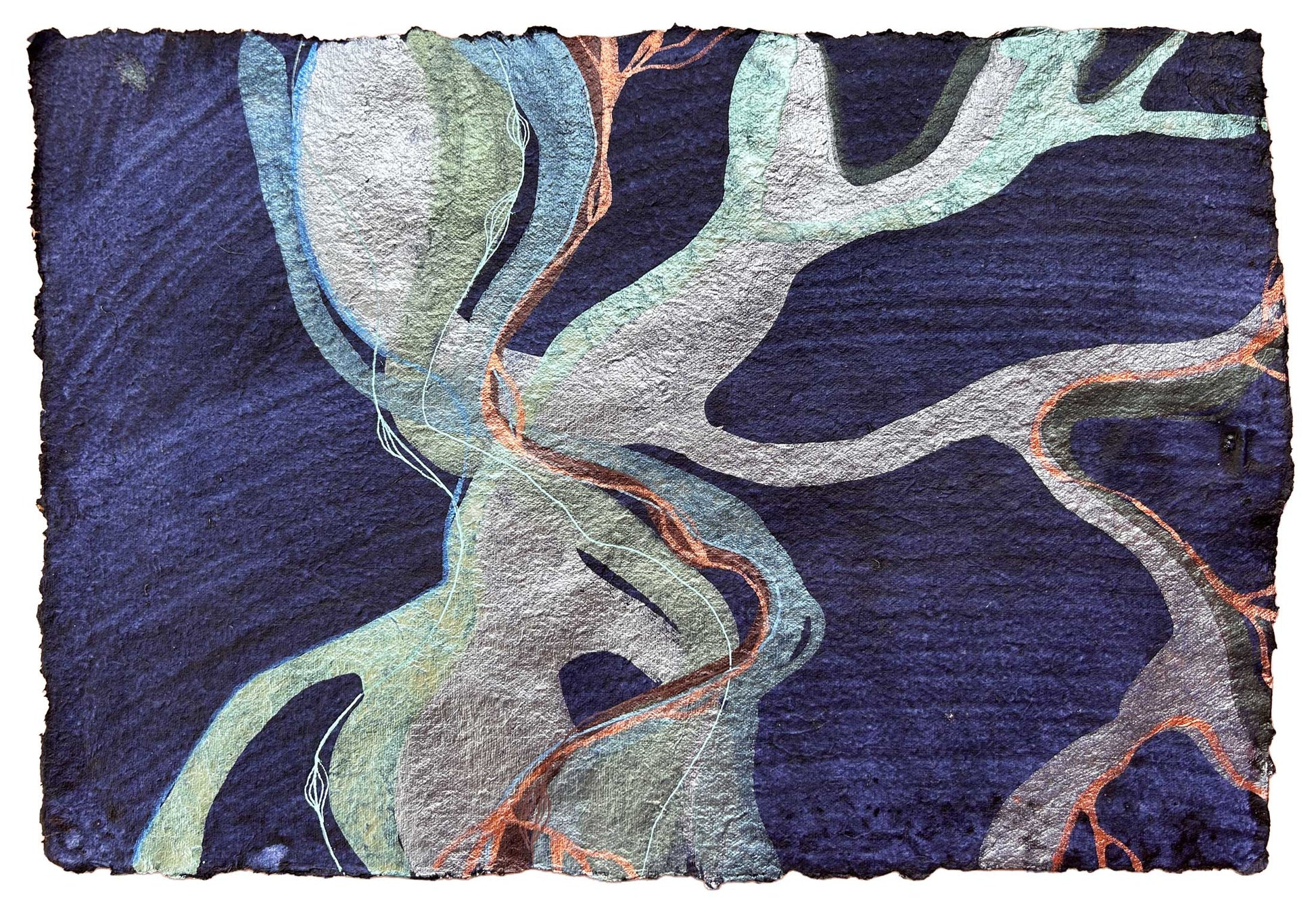 Painting representing colourful underwater creatures and weeds. Metallic watercolours on handmade indigo blue paper.