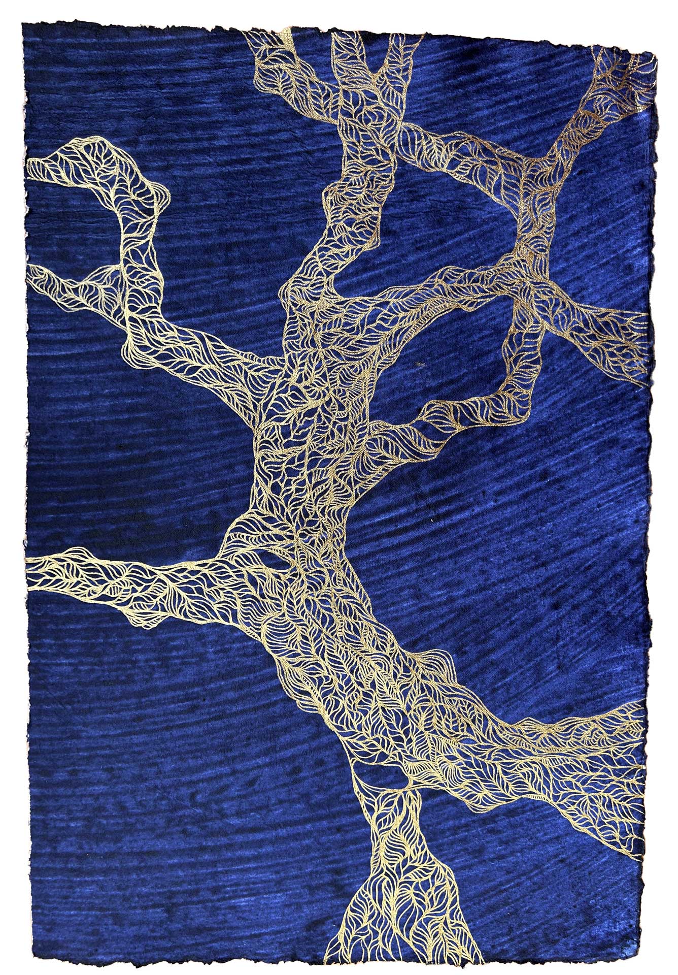 Drawing inspired by gnarly tree trunks and branches in the Turia park in Valencia, Spain. Silver and gold acrylic markers on heavily textured indigo blue handmade paper.