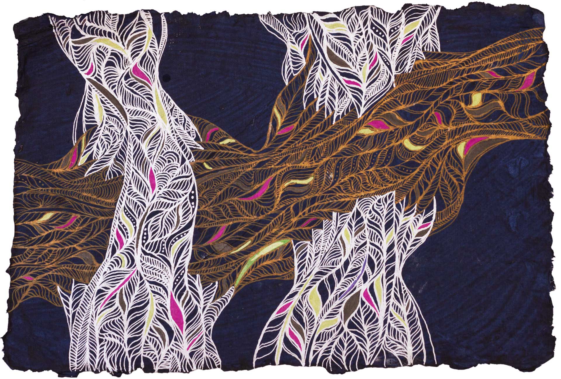 Drawing representing gnarly tree trunks and branches in the Turia park in Valencia, Spain. Silver and gold acrylic markers on heavily textured indigo blue handmade paper.