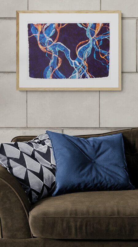 Abstract painting representing Posidonia weeds at night, framed and hanging on a wall above brown sofa with cushions on it.