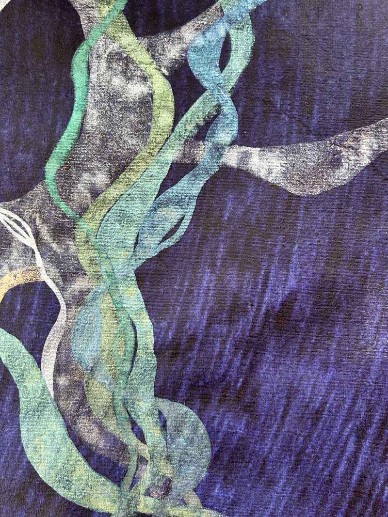 Detail of abstract painting representing Posidonia Oceanica, a Mediterranean weed, shimmering in the moonlight. Metallic watercolour on heavy, handmade indigo paper.